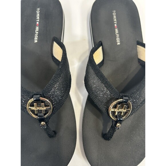 Tommy Hilfiger Black Glitter & Gold Flip Flop Women's Size 7.5 (measures 9.5") - Picture 2 of 4